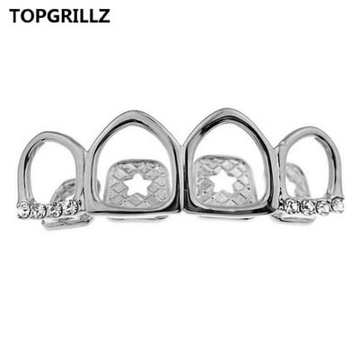 TOPGRILLZ Grill Set Златно покритие Четири напълно отворени лицеви кухи зъби Grillz Top с CZ и долни решетки за зъби за мъже и жени