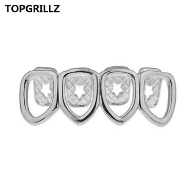 TOPGRILLZ Grill Set Златно покритие Четири напълно отворени лицеви кухи зъби Grillz Top с CZ и долни решетки за зъби за мъже и жени