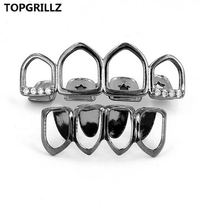 TOPGRILLZ Grill Set Златно покритие Четири напълно отворени лицеви кухи зъби Grillz Top с CZ и долни решетки за зъби за мъже и жени