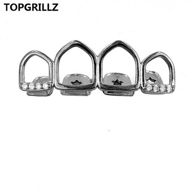 TOPGRILLZ Grill Set Златно покритие Четири напълно отворени лицеви кухи зъби Grillz Top с CZ и долни решетки за зъби за мъже и жени