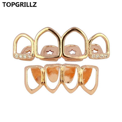 TOPGRILLZ Grill Set Златно покритие Четири напълно отворени лицеви кухи зъби Grillz Top с CZ и долни решетки за зъби за мъже и жени
