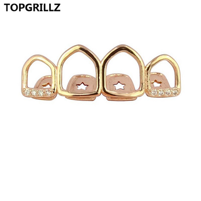 TOPGRILLZ Grill Set Златно покритие Четири напълно отворени лицеви кухи зъби Grillz Top с CZ и долни решетки за зъби за мъже и жени