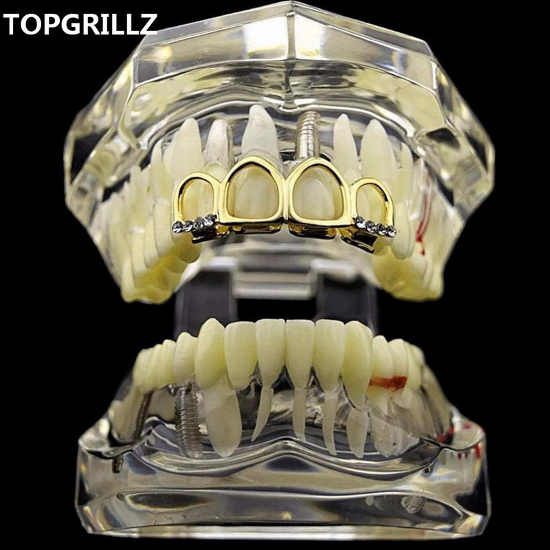 TOPGRILLZ Grill Set Златно покритие Четири напълно отворени лицеви кухи зъби Grillz Top с CZ и долни решетки за зъби за мъже и жени