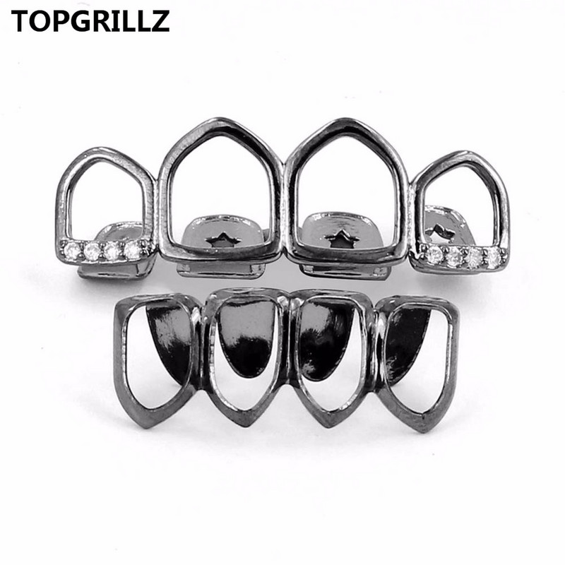 TOPGRILLZ Grill Set Златно покритие Четири напълно отворени лицеви кухи зъби Grillz Top с CZ и долни решетки за зъби за мъже и жени