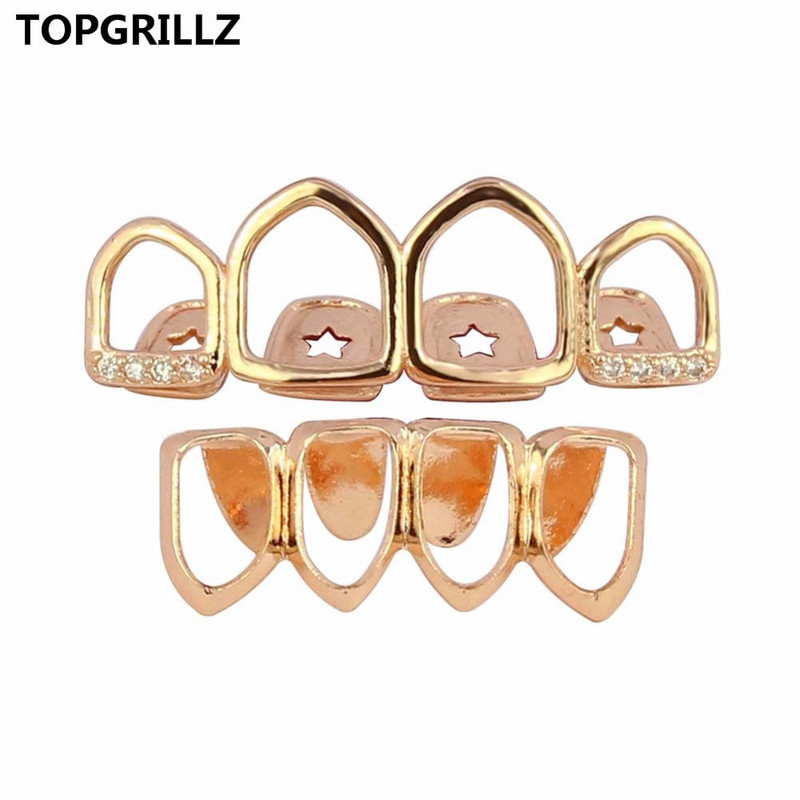 TOPGRILLZ Grill Set Златно покритие Четири напълно отворени лицеви кухи зъби Grillz Top с CZ и долни решетки за зъби за мъже и жени