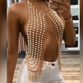 Seksīga grezna pērļu imitācija, doba Body Jewelry kaklarota krūštura ķēde krelles bikini metāla pērle pušķis body Rotaslietas