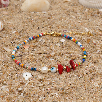 Go2BoHo Rainbow Beach Гривна за глезена на крака Истински перли от естествен камък с мъниста Evil Eye Бохо глезени за жени Модни бижута
