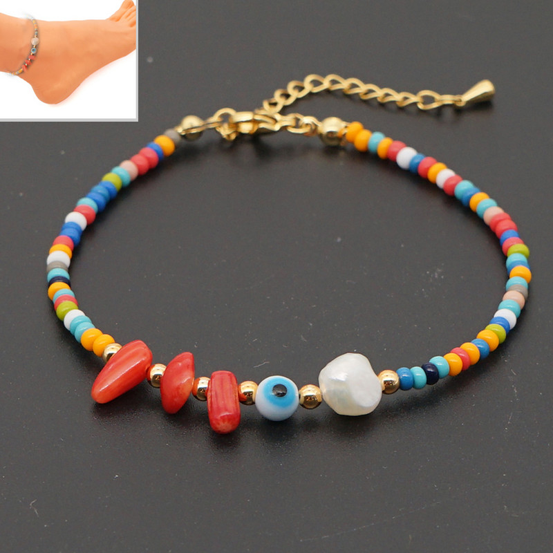 Go2BoHo Brățară de gleznă de plajă curcubeu pe picior, perlă autentică, piatră naturală, cu mărgele, ochi rău, gleznă boho pentru femei, bijuterii de modă