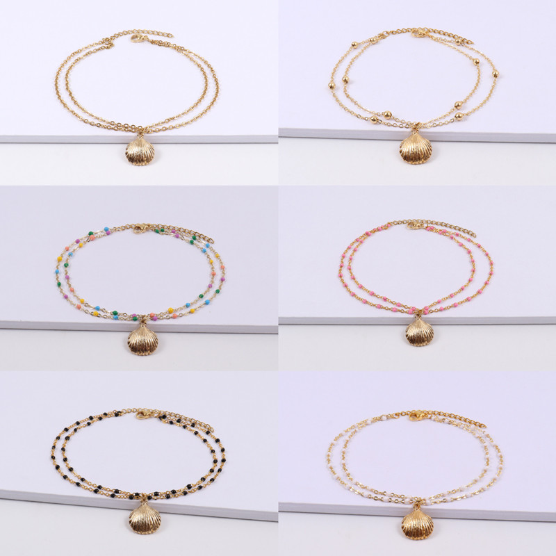 Noua gleznă clasică cu pandantiv de coajă, temperament pentru femei, lucrată manual cu două straturi, gleznă cu lanț de zale pentru femei, cadou de bijuterii