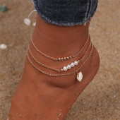 Margele de culoare aurie de modă Set pandantiv de coajă de perle artificiale Brățară de gleznă pentru femei Vintage Boho Multilevel Beach Sexy Lanț de bijuterii