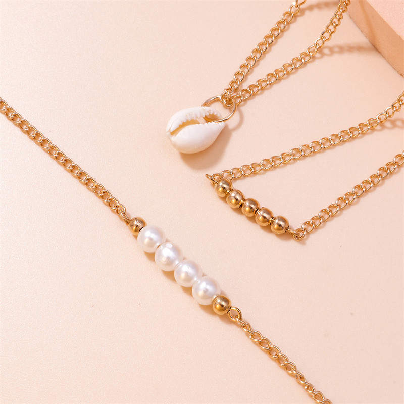 Margele de culoare aurie de modă Set pandantiv de coajă de perle artificiale Brățară de gleznă pentru femei Vintage Boho Multilevel Beach Sexy Lanț de bijuterii