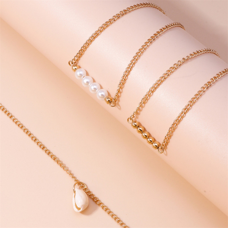 Margele de culoare aurie de modă Set pandantiv de coajă de perle artificiale Brățară de gleznă pentru femei Vintage Boho Multilevel Beach Sexy Lanț de bijuterii