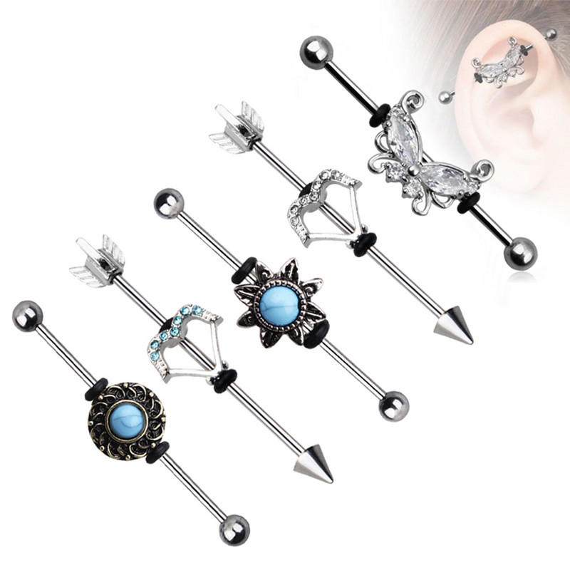 Butterfly Arrow Barbell industrial pentru femei Bărbați Oțel CZ Cartilage Helix Cercei Stud Piercing Bijuterii Oreja 14Gx38mm 1PC