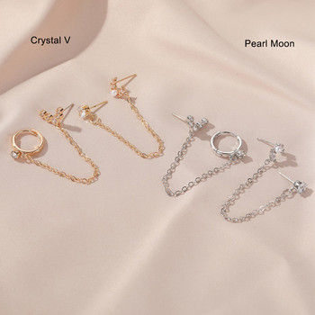 1 бр Crystal V Pearl Moon Snake Tassel Обеци Hoop Earring Chain Helix Piercing Stud Cuff Huggie Обеци за жени Бижута за уши