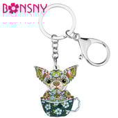 Bonsny Acrilic Floral Dulci Flori Albastre Cupă Chihuahua Câini Breloc Inel Poșetă la modă Breloc Bijuterii Pentru Femei Fete Cadouri