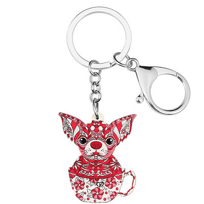 Bonsny Acrilic Floral Dulci Flori Albastre Cupă Chihuahua Câini Breloc Inel Poșetă la modă Breloc Bijuterii Pentru Femei Fete Cadouri