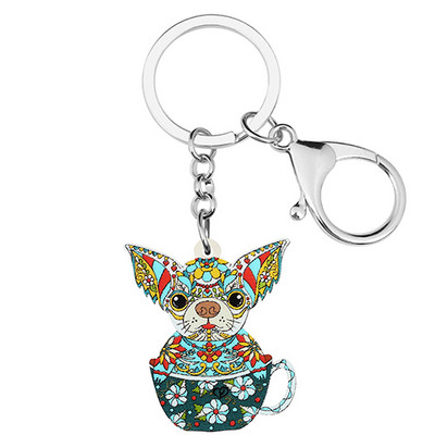 Bonsny Acrilic Floral Dulci Flori Albastre Cupă Chihuahua Câini Breloc Inel Poșetă la modă Breloc Bijuterii Pentru Femei Fete Cadouri