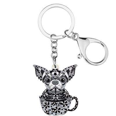 Bonsny Acrilic Floral Dulci Flori Albastre Cupă Chihuahua Câini Breloc Inel Poșetă la modă Breloc Bijuterii Pentru Femei Fete Cadouri