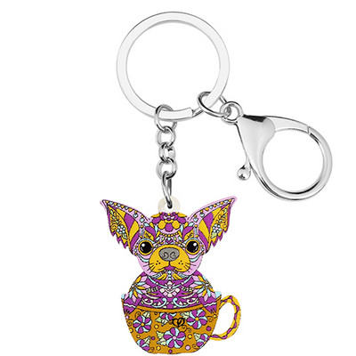 Bonsny Acrilic Floral Dulci Flori Albastre Cupă Chihuahua Câini Breloc Inel Poșetă la modă Breloc Bijuterii Pentru Femei Fete Cadouri