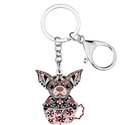 Bonsny Acrilic Floral Dulci Flori Albastre Cupă Chihuahua Câini Breloc Inel Poșetă la modă Breloc Bijuterii Pentru Femei Fete Cadouri