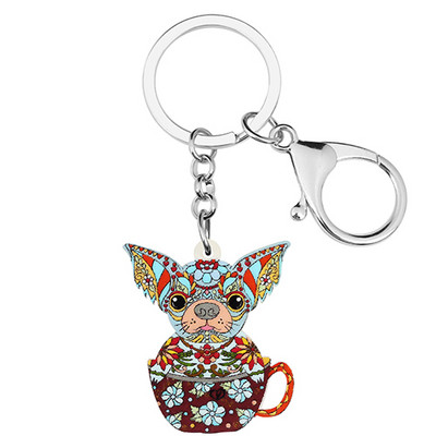 Bonsny Acrilic Floral Dulci Flori Albastre Cupă Chihuahua Câini Breloc Inel Poșetă la modă Breloc Bijuterii Pentru Femei Fete Cadouri