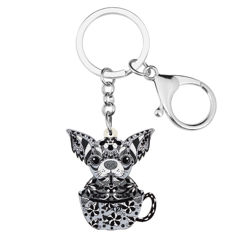 Bonsny Acrilic Floral Dulci Flori Albastre Cupă Chihuahua Câini Breloc Inel Poșetă la modă Breloc Bijuterii Pentru Femei Fete Cadouri