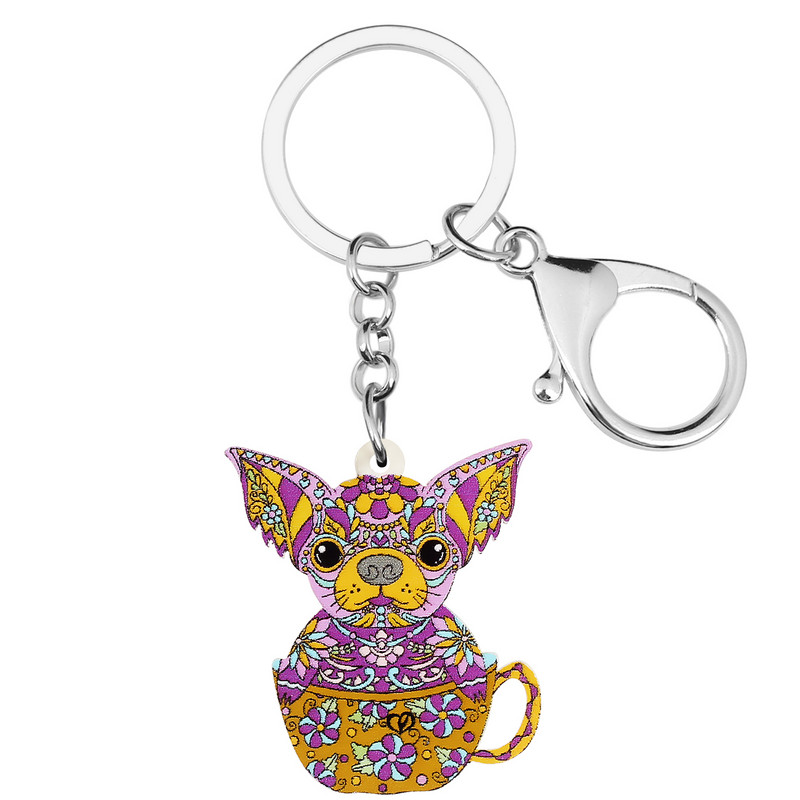 Bonsny Acrilic Floral Dulci Flori Albastre Cupă Chihuahua Câini Breloc Inel Poșetă la modă Breloc Bijuterii Pentru Femei Fete Cadouri