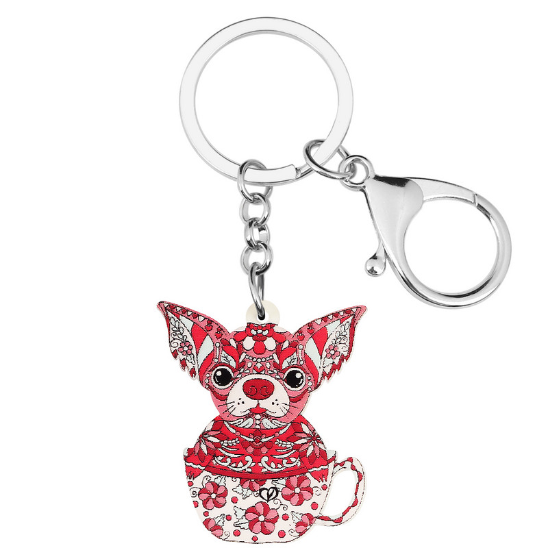 Bonsny Acrilic Floral Dulci Flori Albastre Cupă Chihuahua Câini Breloc Inel Poșetă la modă Breloc Bijuterii Pentru Femei Fete Cadouri