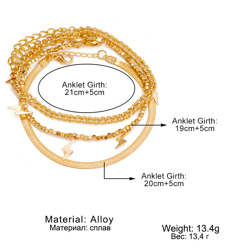 Anklet cu lanț pentru femei de epocă, vară, boemă, fulger, metal, lanț de șarpe, picior, cadou de bijuterii de plajă