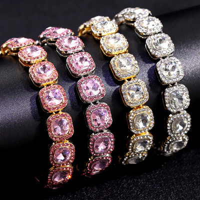 Hip Hop Bling Pink Crystal Link bokalánc Női 13mm Szélesség Négyzet Lánc Iced Out Tenisz lánc Láblánc Új Ékszer Ajándék