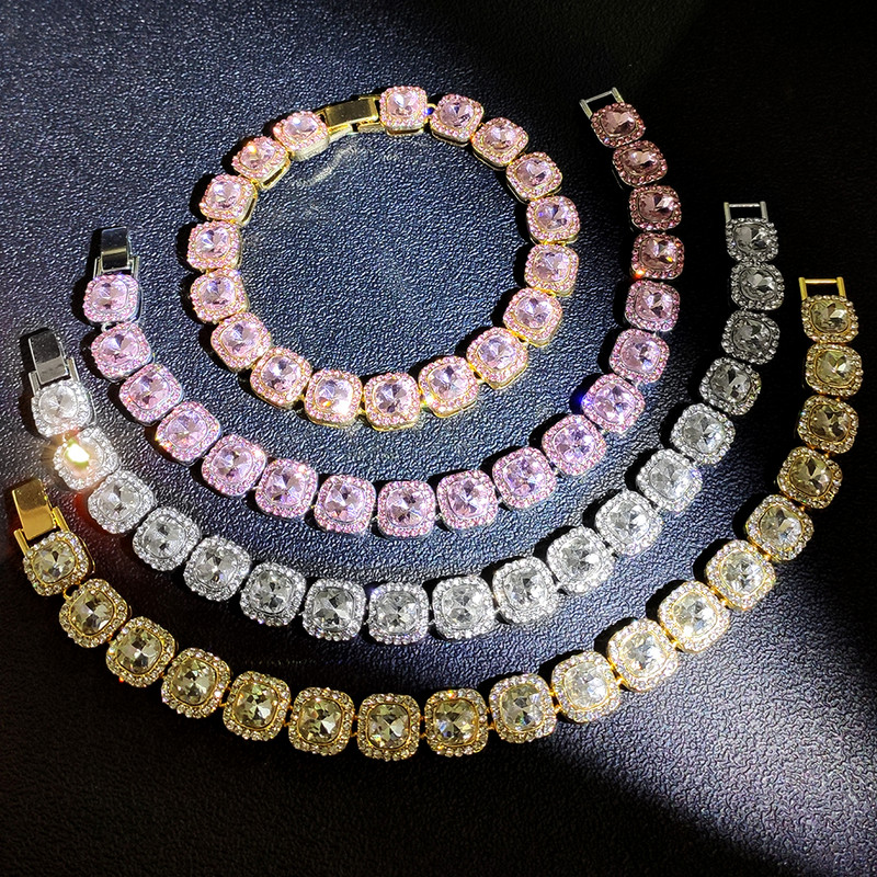 Hip Hop Bling Pink Crystal Link bokalánc Női 13mm Szélesség Négyzet Lánc Iced Out Tenisz lánc Láblánc Új Ékszer Ajándék