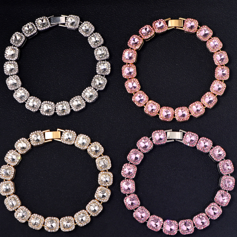 Hip Hop Bling Pink Crystal Link bokalánc Női 13mm Szélesség Négyzet Lánc Iced Out Tenisz lánc Láblánc Új Ékszer Ajándék
