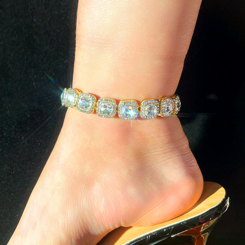 Hip Hop Bling Pink Crystal Link bokalánc Női 13mm Szélesség Négyzet Lánc Iced Out Tenisz lánc Láblánc Új Ékszer Ajándék
