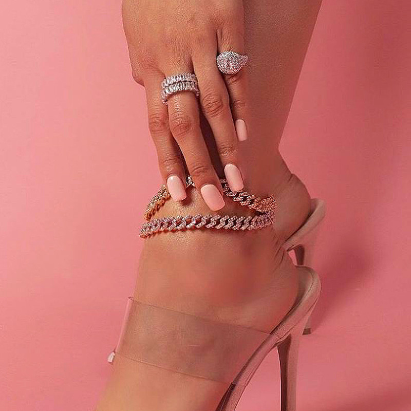 9 MM Iced Out Bling CZ Miami Cuban Link Lanț de gleznă Rose Gold Pink Stone Miami gleznă de culoare argintie Hip Hop Bijuterii de modă pentru femei