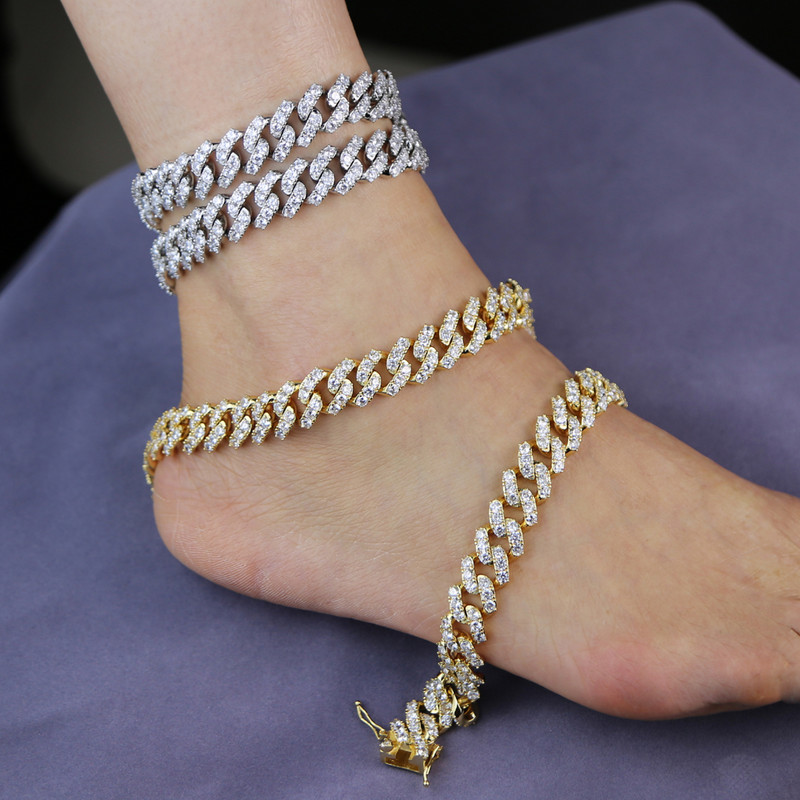 Hip Hop 1 Row Cz Rectangle Anklet Punk For Wonem Jewelry 14mm Iced Out Cubic Zircon Miami Curb Cuban Link Chain Anklets