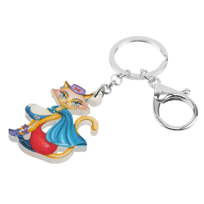 Bonsny Acrilic Pelerina elegantă de desene animate Cat Lady Kitten Brelocuri Inel Poșetă Breloc Cadouri Bijuterii Pentru Femei Fete Brelocuri