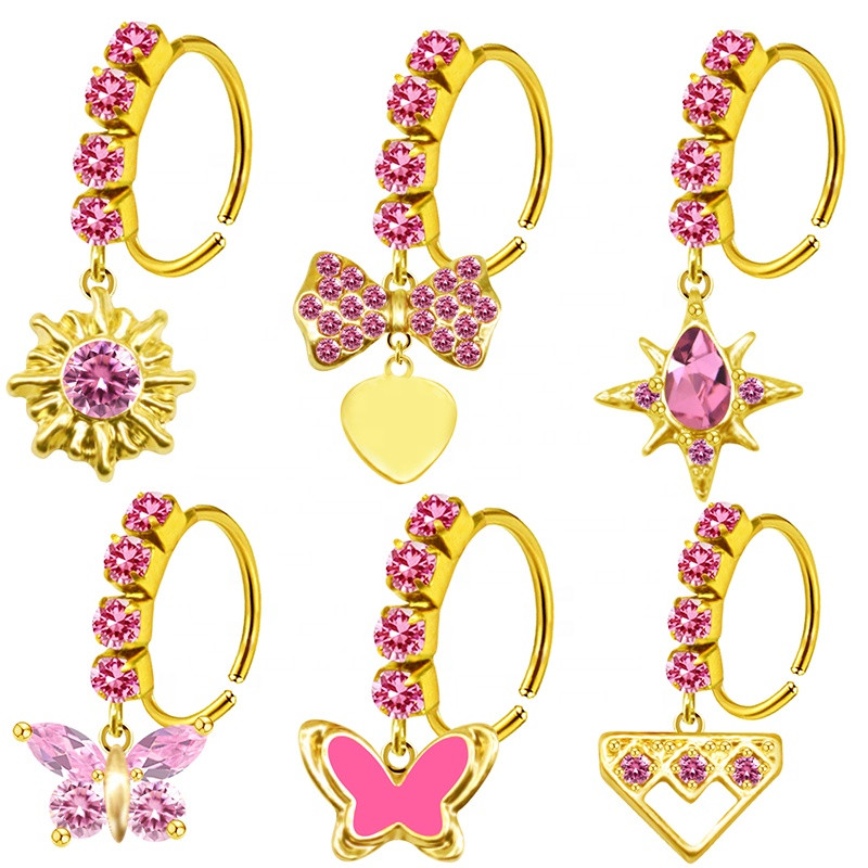 Nakit za piercing u nosu ružičasti leptir Karike za nos za žene Obruč za nos od nehrđajućeg čelika viseći prsten za nos nakit za piercing