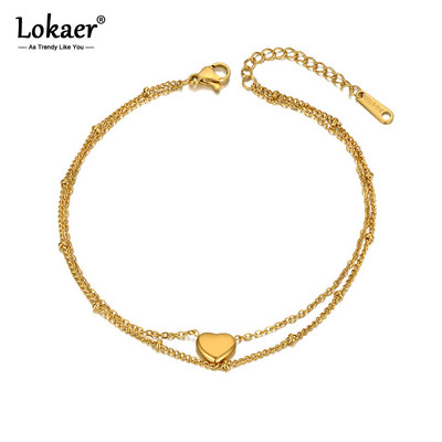 Lokaer naujas Bohemia dviejų sluoksnių Love Heart Charm kulkšnis moterims Madinga nerūdijančio plieno grandinėlė vasaros pėdų papuošalai A20013