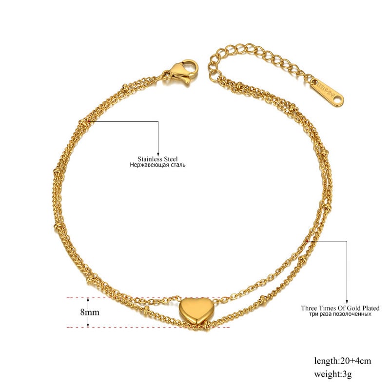 Lokaer naujas Bohemia dviejų sluoksnių Love Heart Charm kulkšnis moterims Madinga nerūdijančio plieno grandinėlė vasaros pėdų papuošalai A20013