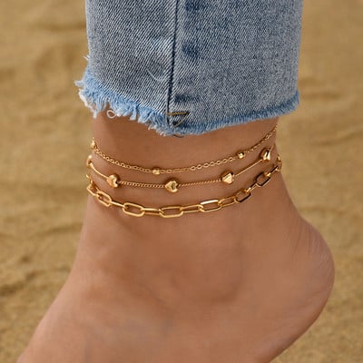 Kūrybingas metalo paauksuotas širdies grandinėlės kulkšnių rinkinys moterims Naujas madingos grandinėlės kulkšnių apyrankės ant kojų papuošalai, 3 vnt.