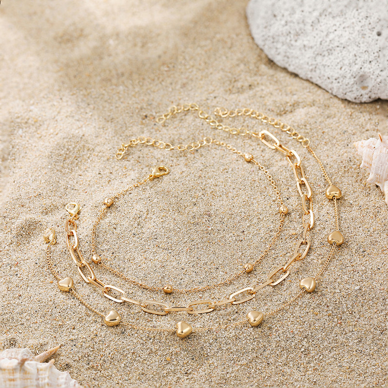 Kūrybingas metalo paauksuotas širdies grandinėlės kulkšnių rinkinys moterims Naujas madingos grandinėlės kulkšnių apyrankės ant kojų papuošalai, 3 vnt.