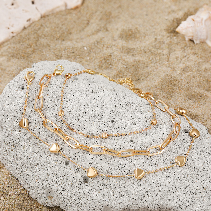 Kūrybingas metalo paauksuotas širdies grandinėlės kulkšnių rinkinys moterims Naujas madingos grandinėlės kulkšnių apyrankės ant kojų papuošalai, 3 vnt.