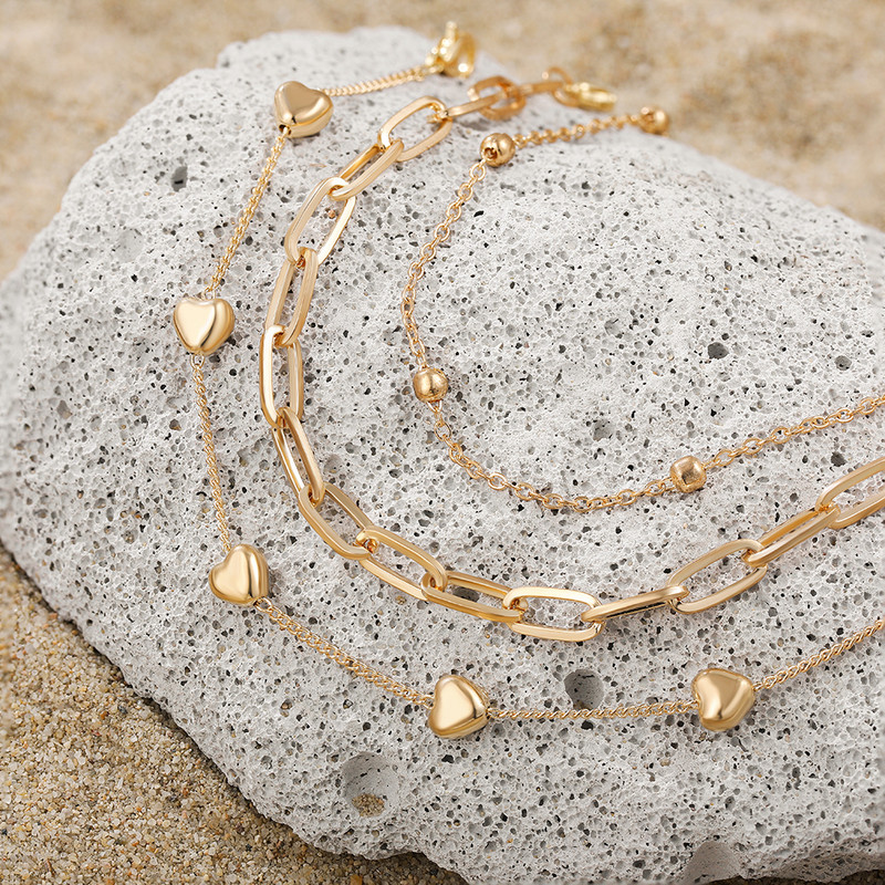 Kūrybingas metalo paauksuotas širdies grandinėlės kulkšnių rinkinys moterims Naujas madingos grandinėlės kulkšnių apyrankės ant kojų papuošalai, 3 vnt.