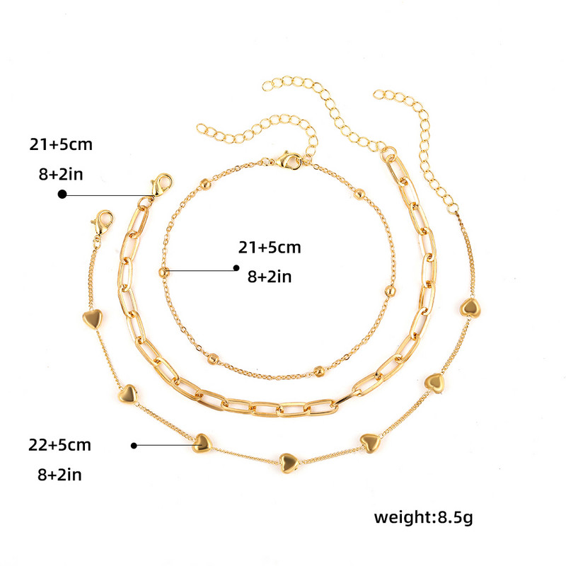 Kūrybingas metalo paauksuotas širdies grandinėlės kulkšnių rinkinys moterims Naujas madingos grandinėlės kulkšnių apyrankės ant kojų papuošalai, 3 vnt.