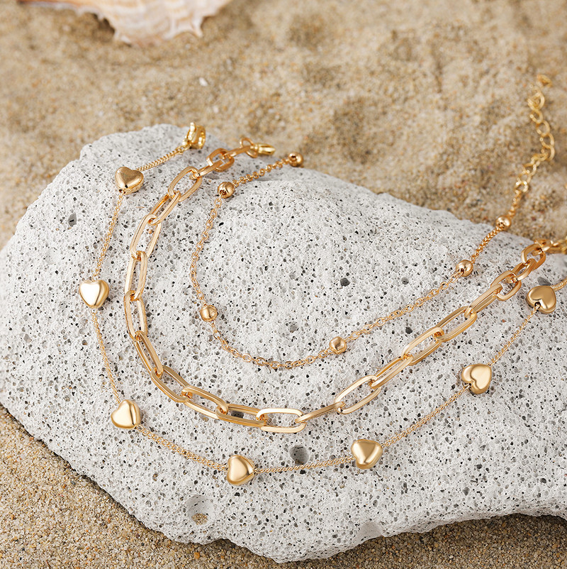 Kūrybingas metalo paauksuotas širdies grandinėlės kulkšnių rinkinys moterims Naujas madingos grandinėlės kulkšnių apyrankės ant kojų papuošalai, 3 vnt.