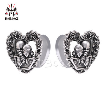 KUBOOZ Уникални тунели за уши с форма на сърце от неръждаема стомана Череп на роза Измервателни уреди Бижута за пиърсинг Обеци Разширители Носилки 2 БР.