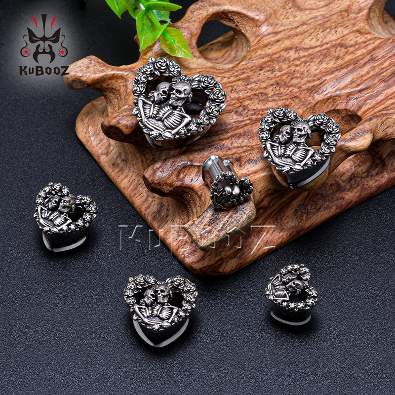 KUBOOZ unic din oțel inoxidabil în formă de inimă trandafir craniu tunel pentru urechi instrumente de măsurare piercing bijuterii cercei expansori 2 buc.
