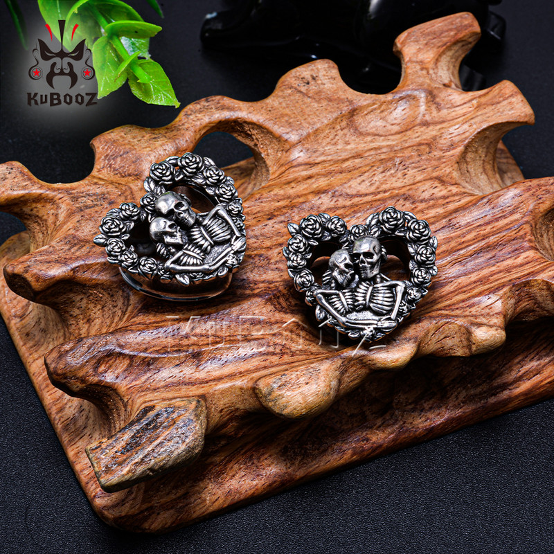 KUBOOZ unic din oțel inoxidabil în formă de inimă trandafir craniu tunel pentru urechi instrumente de măsurare piercing bijuterii cercei expansori 2 buc.