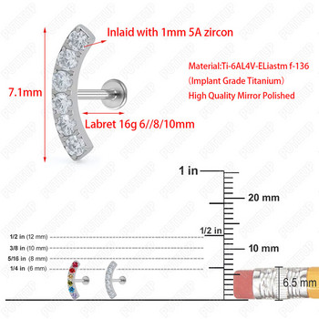 Ti-6AL4V-ELiastm F136 Σπιράλ Piercing βαθμού εμφύτευσης 16G Labret Χρώμα διάτρησης αυτιών 5A CZ Tragus Cartilage Piercing Jewelry
