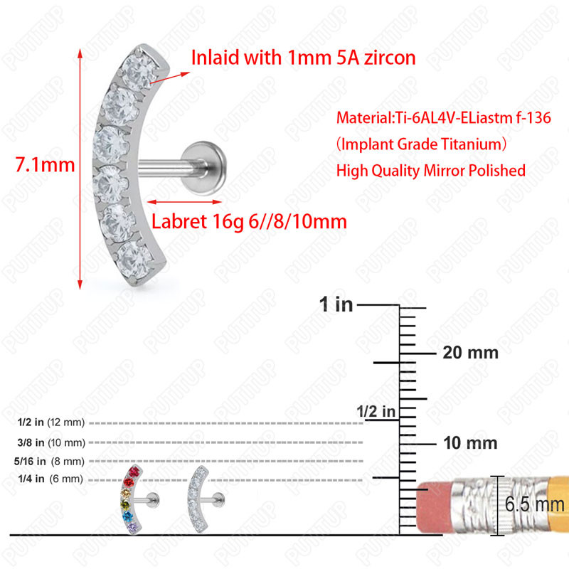 Ti-6AL4V-ELiastm F136 beültetési fokozatú spirális piercing 16G Labret fülpiercing szín 5A CZ Tragus porc piercing ékszer